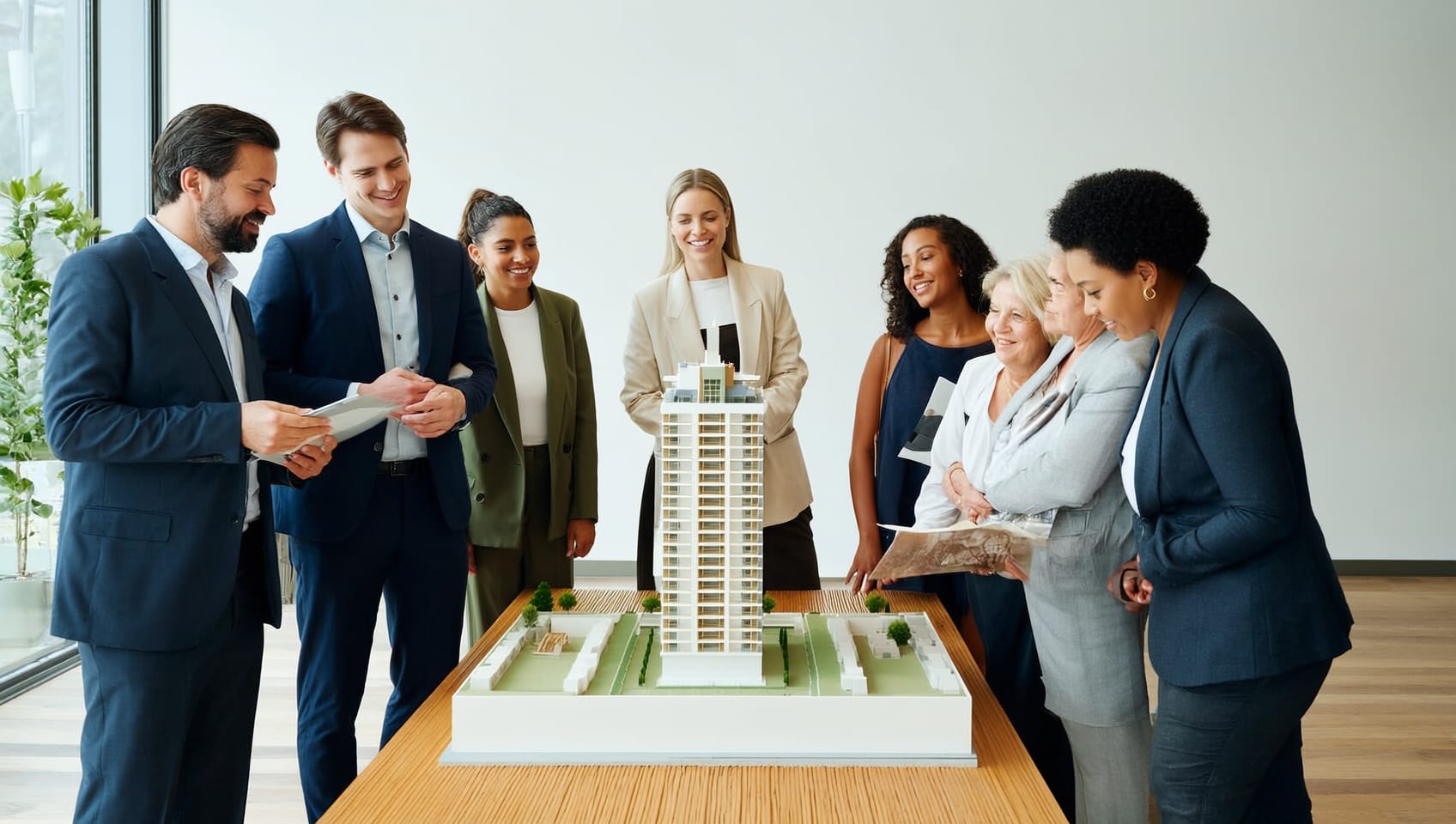 Prospective buyers reviewing an architectural model at a presentation centre
