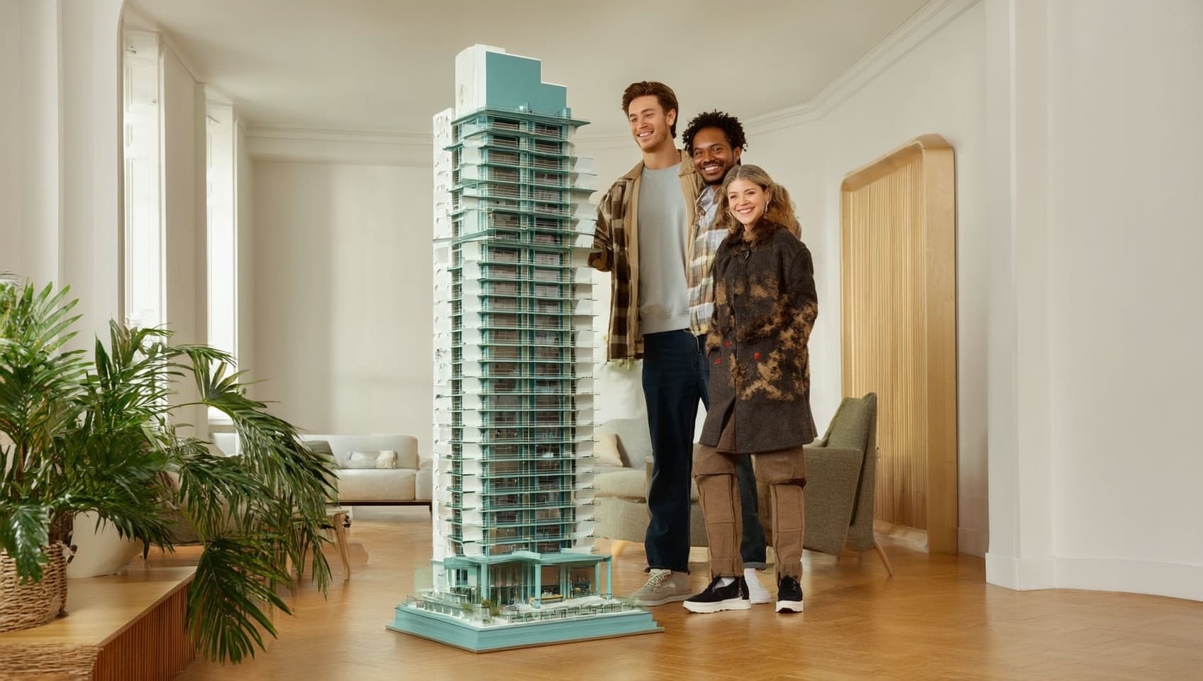 Prospective buyers reviewing an architectural model at a presentation centre