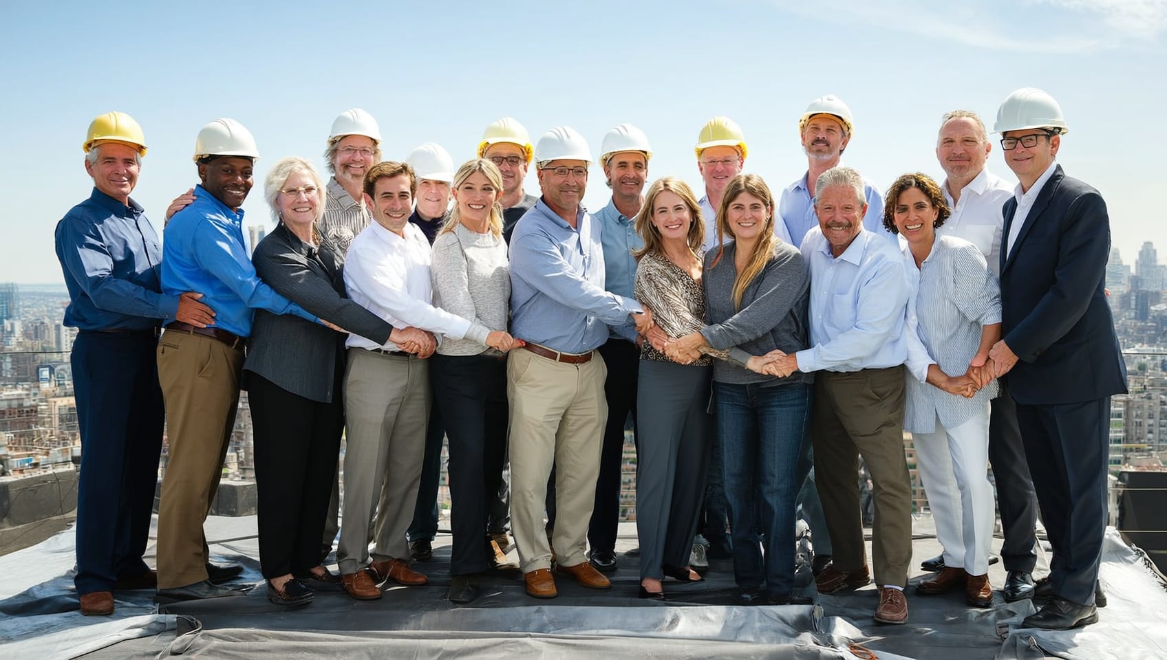 Construction team celebrating a topping off milestone on a high rise site