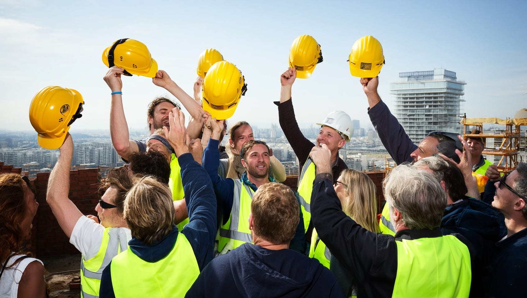 Construction crew celebrating a topping-off milestone at a high-rise site