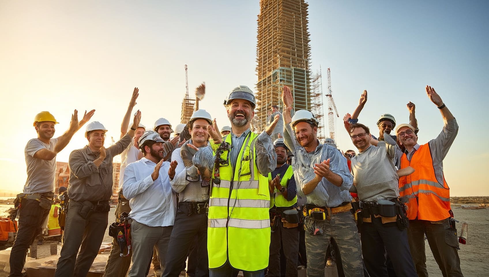 Construction crew celebrating a topping-off milestone at a high-rise site