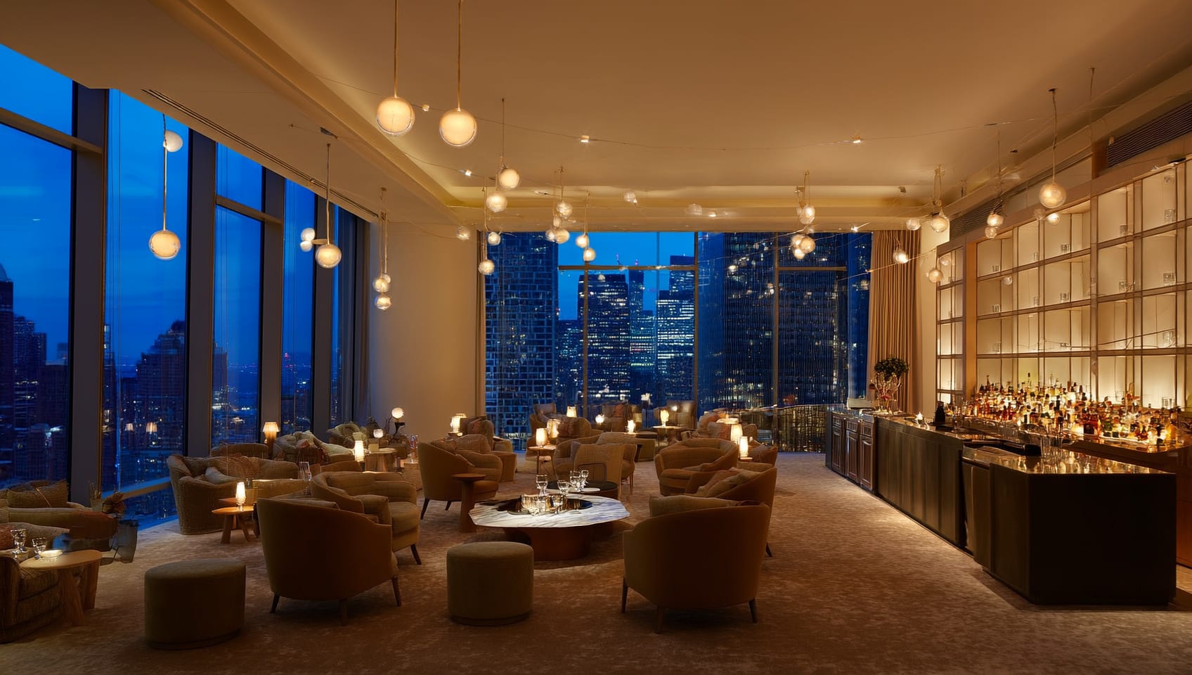 Beautifully styled presale launch event lounge with ambient lighting and a highrise city-view backdrop