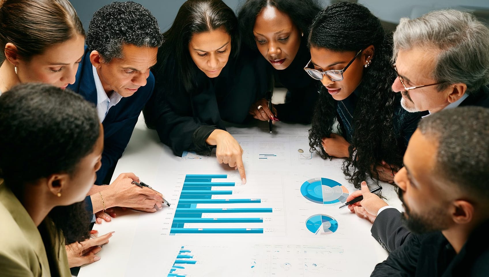Two analysts reviewing market charts and floor plan data at a work table