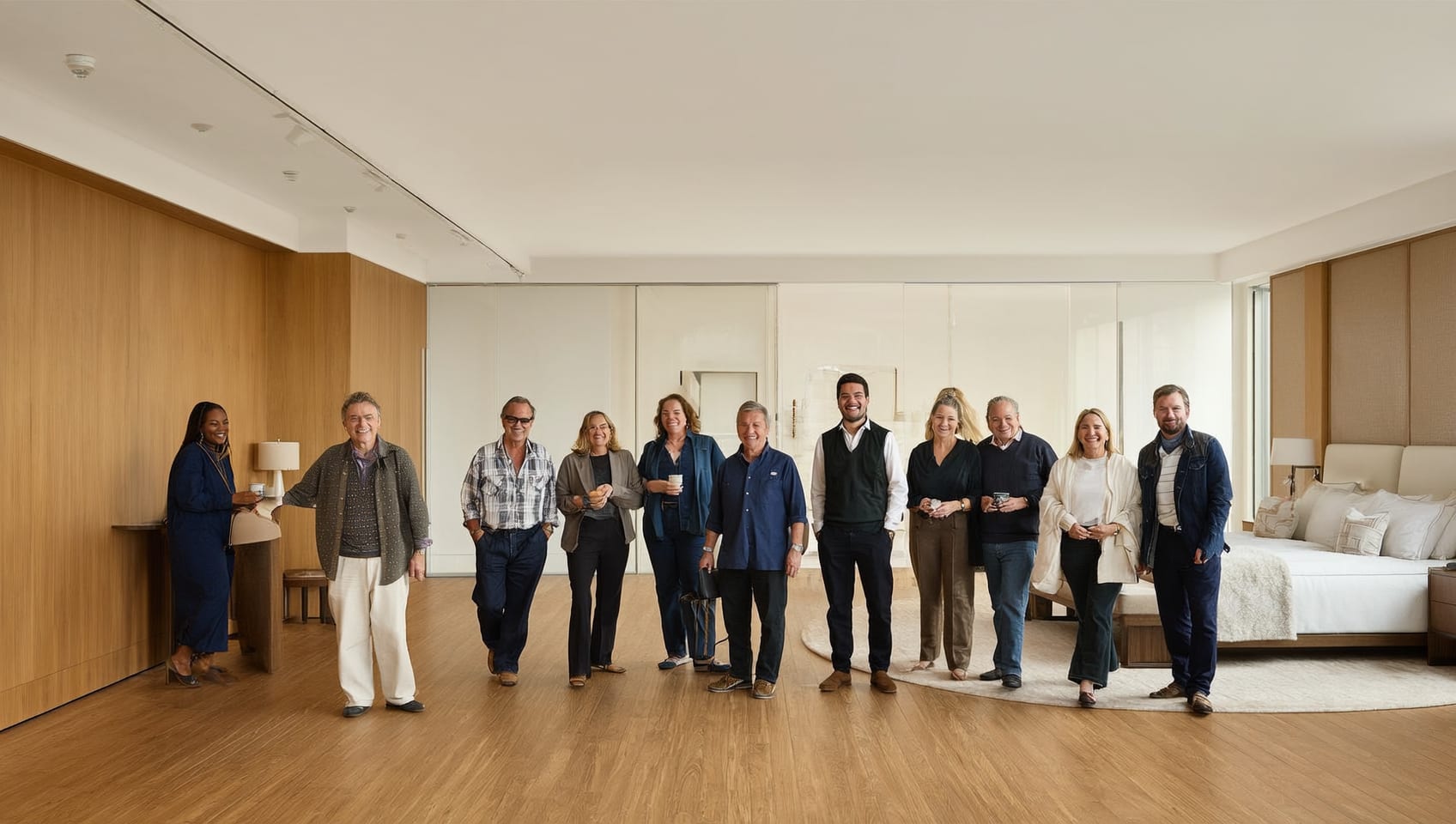 Prospective buyers touring a furnished presale model suite